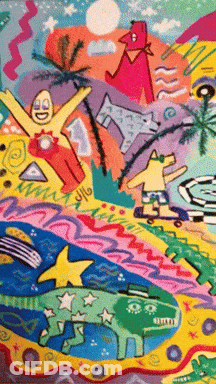 Colorful Painting Man Riding Skateboard With Dog And Car GIF