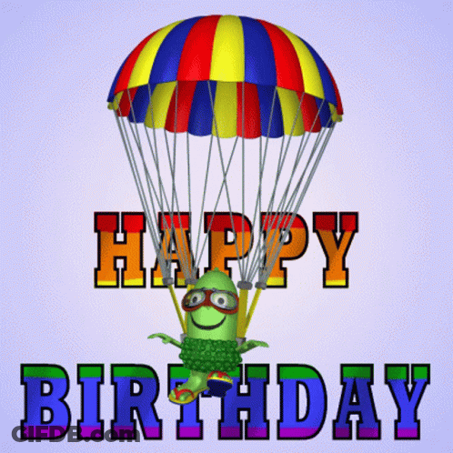 Colorful Parachute Green Monster Birthday Card GIF
