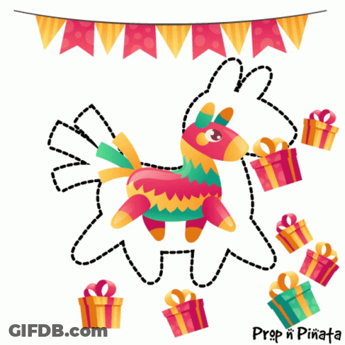 Colorful Piñata Surrounded By Balloons Gifts Prop N Pinata GIF