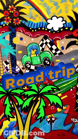 Colorful Road Trip Painting With Green Car GIF
