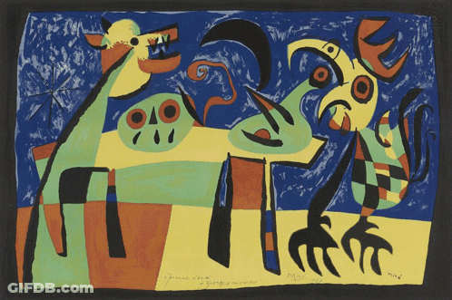 Colorful Rooster And Bird By Miró GIF