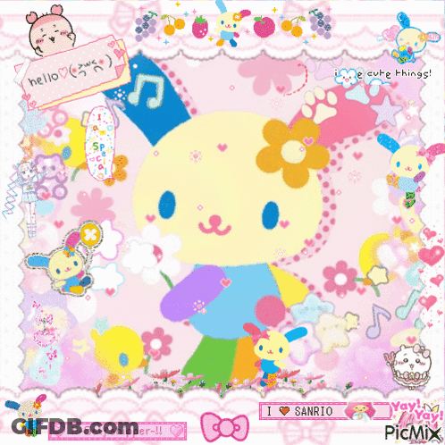 Colorful Sanrio Bunny With Flowers And Hearts GIF