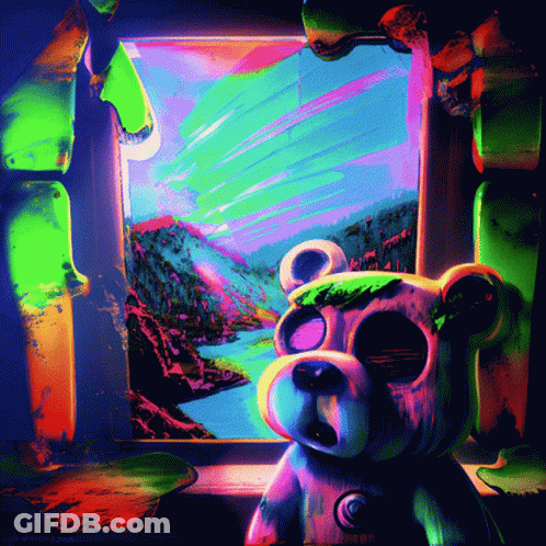 Colorful Teddy Bear Looking Out Window At Painting GIF