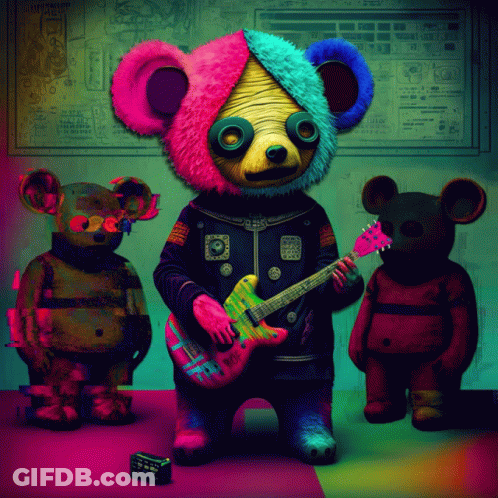 Colorful Teddy Bear Playing Guitar While Others Watch GIF