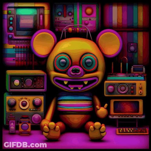 Colorful Teddy Bear Surrounded By Electronics GIF