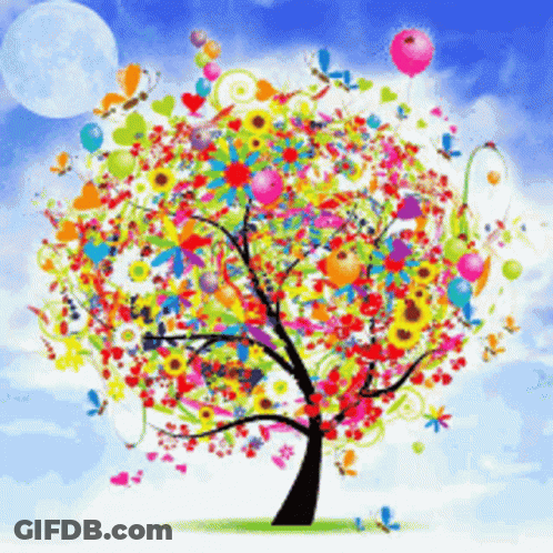 Colorful Tree With Balloons And Flowers GIF