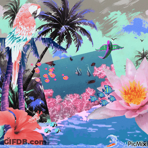 Colorful Tropical Flowers And Birds Picmix Collage GIF