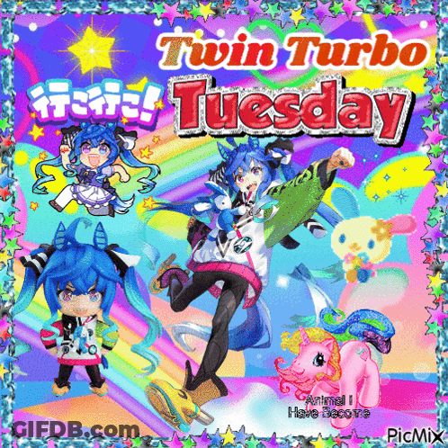 Colorful Twin Turbo Tuesday Poster With Anime Characters GIF