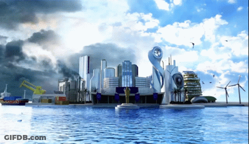 Computer Generated City With Statue In Water GIF