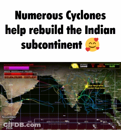 Computer Screen With Numerous Cyclones Help Rebuild The Indian Subcontinent Next To Map GIF