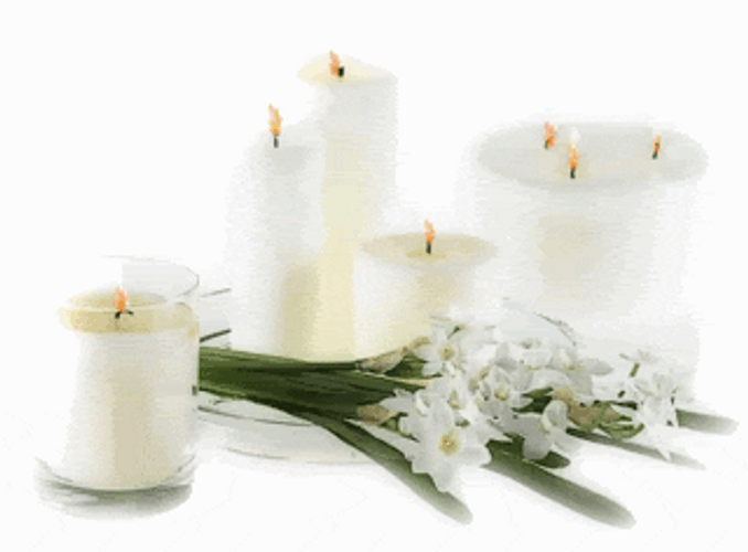 Condolence Flaming White Candles And Flowers GIF
