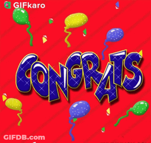 Congrats On Red Background With Balloons And Confetti GIF