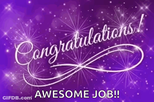 Congratulations ! Awesome Job ! Is Written In White On A Purple Background With Stars . GIF