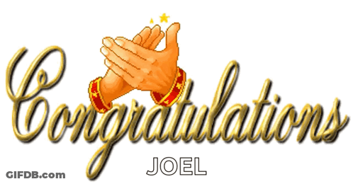 Congratulations Joel Is Written In Gold With Two Hands Clapping GIF