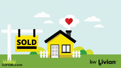 Congratulations On Closing With Sold Sign In Front Of Yellow House GIF
