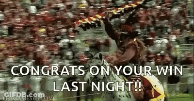 Congratulations On Your Win Last Night ! A Man Is Riding A Horse In Front Of A Crowd . GIF