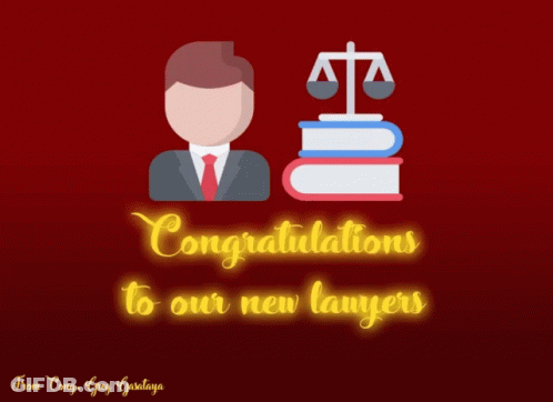 Congratulations To Our New Lawyers With A Man And Books On A Red Background GIF