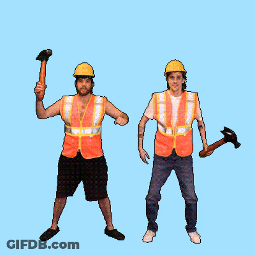 Construction Workers In Orange Vests Holding Hammers GIF