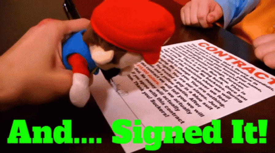 Contract Signing Super Mario Logan Plush Toy GIF