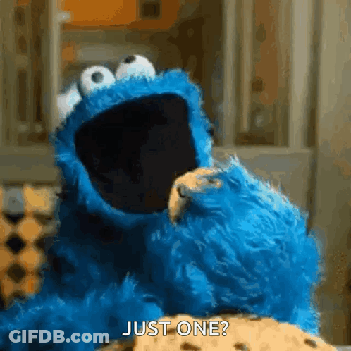 Cookie Monster From Sesame Street Is Eating A Cookie And Asking Just One . GIF