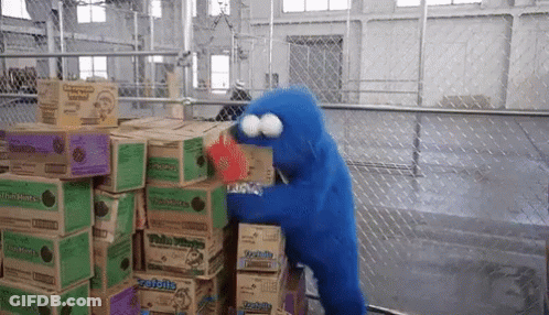 Cookie Monster In Front Of Twin Marie Boxes GIF