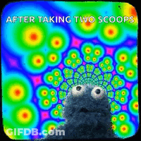 Cookie Monster Looking At Colorful Background Saying After Taking Two Scoops GIF