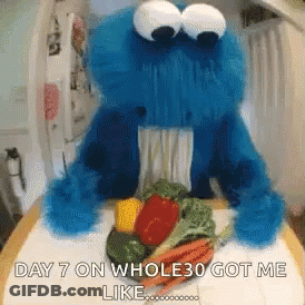 Cookie Monster Sitting With Plate Of Vegetables GIF