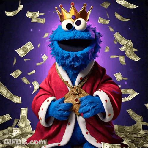 Cookie Monster Wearing Crown With Dollar Bills GIF