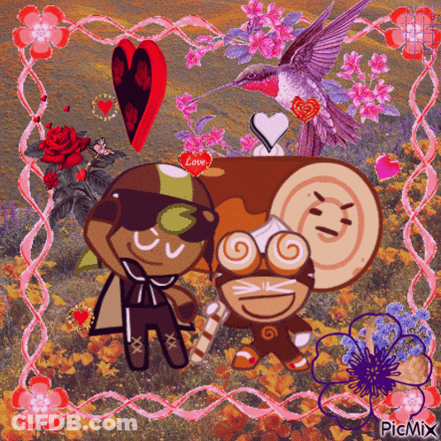 Cookie Run Characters With Flowers Hummingbird Heart Saying Love GIF