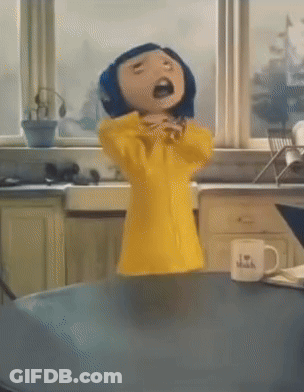 Coraline From The Movie Coraline Is Standing In A Kitchen With Her Mouth Open GIF