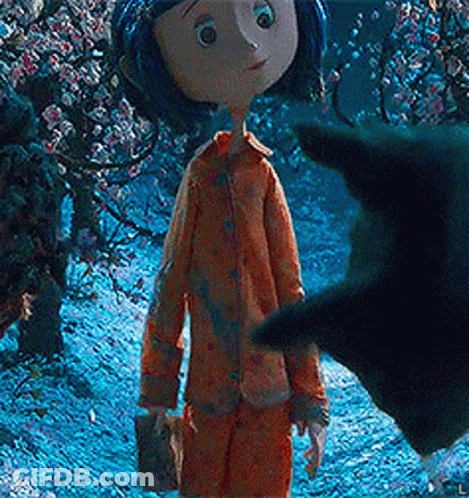 Coraline Standing Next To Black Cat In Snow GIF