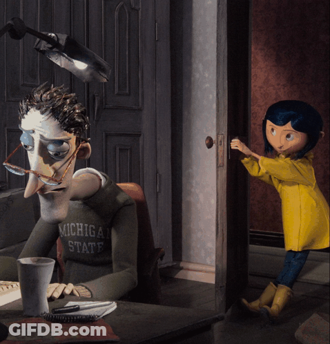 Coraline Standing Next To Black Cat In Snow GIF