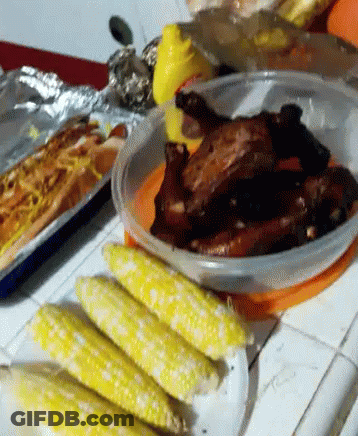 Corn On The Cob With Bowl Of Meat And Hot Dog GIF