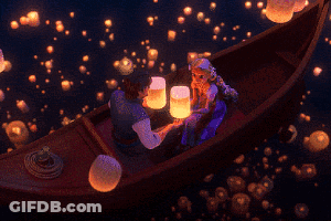 Couple In Boat Surrounded By Floating Lanterns GIF
