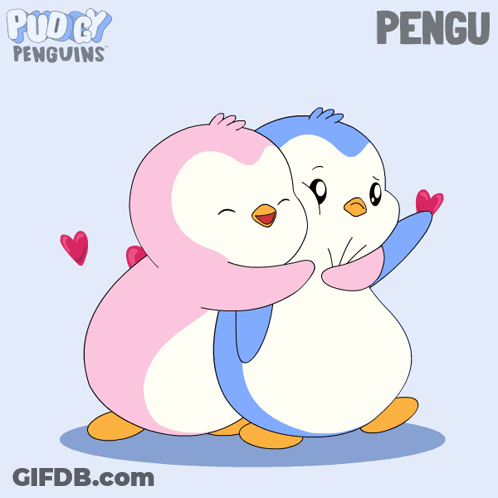 Couple Of Penguins Hugging With Hearts And Word Pengu GIF