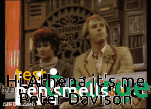 Couple Sitting Next To Each Other Saying Hi Athena It's Me Peter Davison GIF