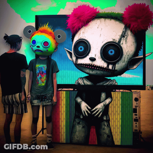Couple Standing In Front Of Clown Bear Painting GIF