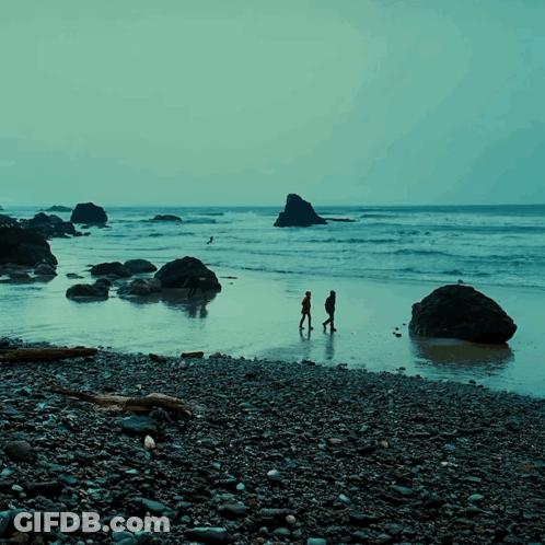 Couple Walking On Rocky Beach Near Ocean GIF