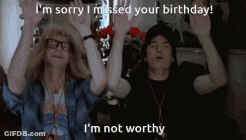 Couple With Hands Up Saying I'm Sorry I Missed Your Birthday GIF