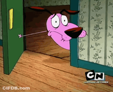 Courage The Cowardly Dog From The Cartoon Network Is Peeking Out Of A Door GIF