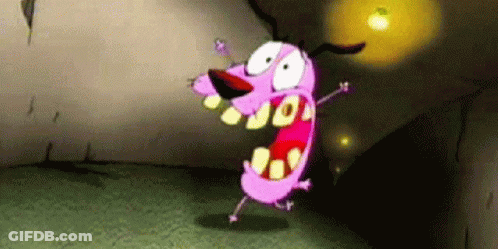 Courage The Cowardly Dog From The Courage The Cowardly Dog Cartoon Is Standing In A Dark Room With His Mouth Open . GIF