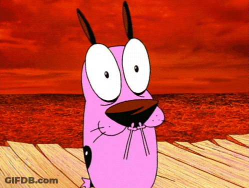 Courage The Cowardly Dog Is Standing On A Dock With A Red Sky In The Background GIF