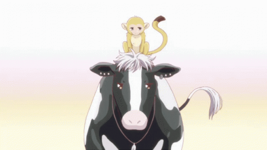 Cow And Monkey Fruit Basket GIF