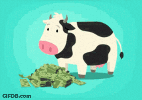 Cow Beside Pile Of Money With Hearts GIF