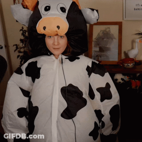 Cow Costume Woman With It's A Badge Sign GIF