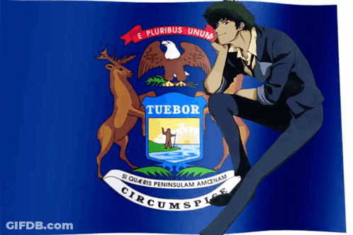 Cowboy Bebop Character Sits On Blue Flag With Tuebor GIF