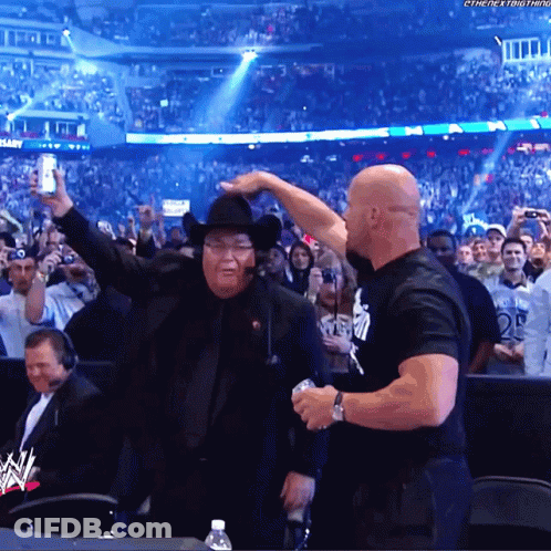 Cowboy Hat Man Next To Man In WWE Shirt GIF