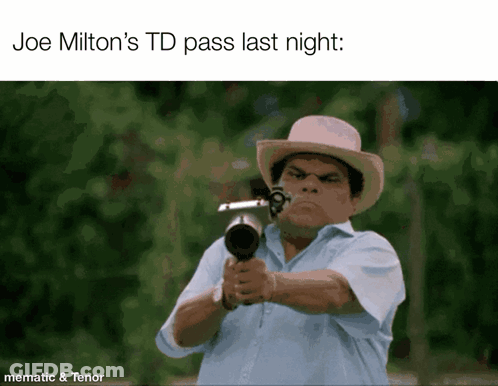 Cowboy Hat Man Pointing Gun Joe Milton's TD Pass Last Night GIF