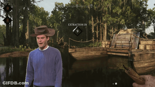 Cowboy Hat Man Standing By River With Extraction Sign GIF