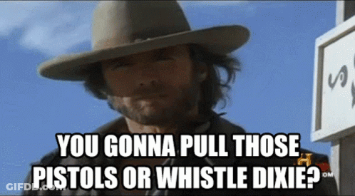 Cowboy Hat Saying You Gonna Pull Those Pistols Or Whistle Dixie GIF